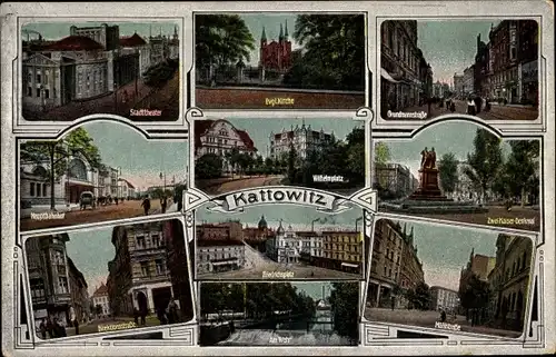 Ak Katowice Kattowitz Oberschlesien, Stadttheater, Evangelische Kirche, Hauptbahnhof, Kirche