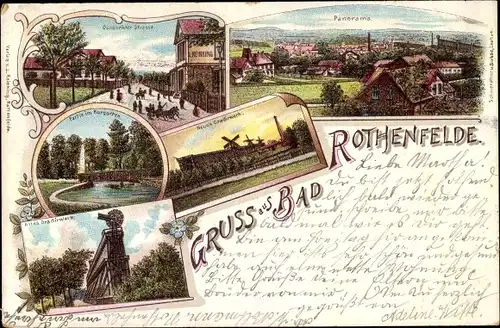 Litho Bad Rothenfelde am Teutoburger Wald, Panorama, altes und neues Gradierwerk, Kurgarten