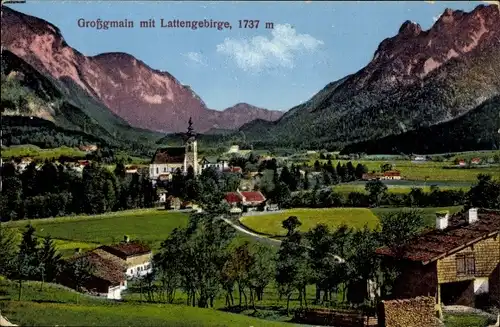 Ak Großgmain in Salzburg, Teilansicht mit Lattengebirge, Kirche