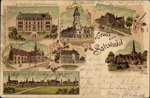 Litho Salzwedel in der Altmark, Waisenhaus, Gerichtsgebäude, Probstei, Gymnasium, Rathausturm