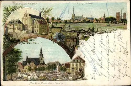 Litho Werl in Westfalen, Markt, Propstei Kirche, Franziskaner Kloster, Panorama