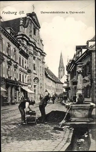 Ak Freiburg im Breisgau, Universitätskirche, Universität, Straßenkehrer