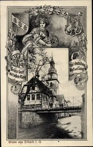 Passepartout Ak Erbach im Odenwald Hessen, Teilansicht, Kirche, Brücke