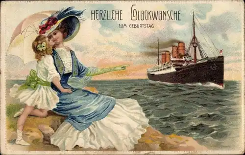 Litho Glückwunsch Geburtstag, Dampfschiff, Mutter mit Tochter am Ufer