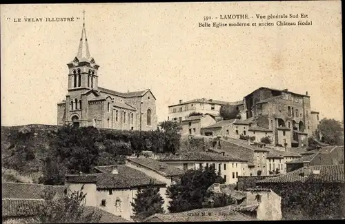 Ak Lamothe Haute Loire, Vue generale, Belle Eglise moderne et ancien Chateau feodal