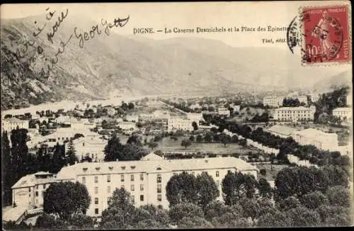 Ak Digne Alpes de Haute Provence, La Caserne Desmichels et la Place des Epinettes
