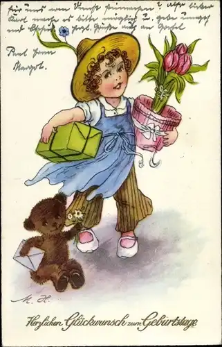 Ak Glückwunsch Geburtstag, Mädchen mit Blumen, Geschenk, Teddybär