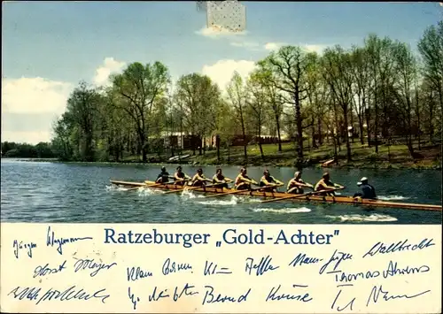 Ak Ratzeburger Gold Achter, Sportruderer im Achterboot, Abgedruckte Autogramme