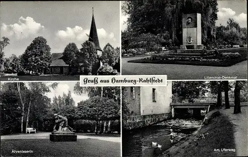 Ak Hamburg Wandsbek Rahlstedt, Uferweg, Kirche, Ährenleserin, Liliencron Denkmal