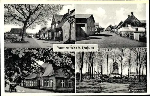 Ak Immenstedt in Nordfriesland, Schule, Kriegerdenkmal, Straßenpartie, Auto, Wohnhäuser