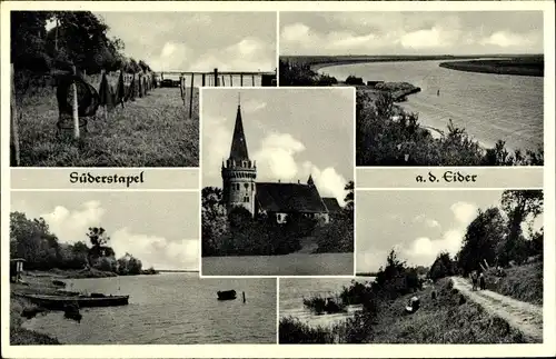 Ak Süderstapel Stapel Schleswig Holstein, Kirche, Ufer, Fischnetze