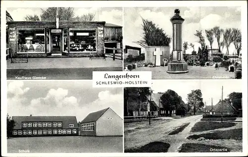 Ak Langenhorn in Nordfriesland, Ehrenmal, Schule, Ortspartie, Kaufhaus Giencke