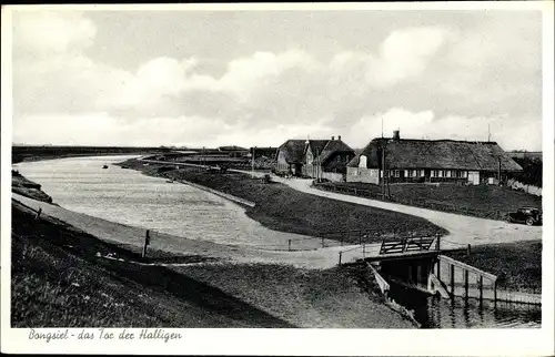 Ak Bongsiel in Nordfriesland, das Tor der Halligen, Reetdachhäuser