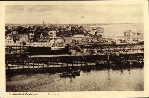 Ak Cuxhaven, Nordseebad, Panoramablick auf den Ort mit Dampfer