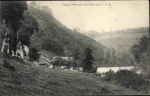 Ak Harcourt Calvados, Chemin d'Harcourt a la Roche Bunel