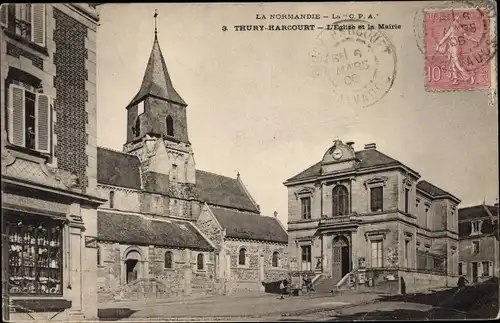 Ak Thury Harcourt Calvados, Eglise et la Mairie