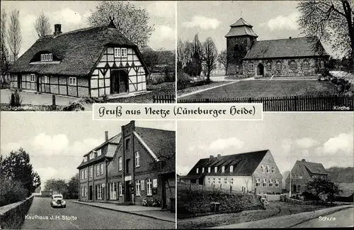 Ak Neetze in der Lüneburger Heide, Jugendheim, Kirche, Schule, Kaufhaus J. H. Stolte