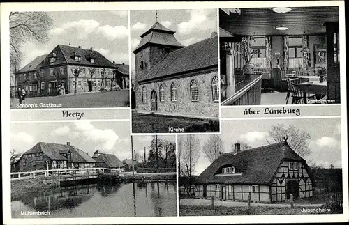 Ak Neetze in der Lüneburger Heide, Schoop's Gasthaus, Aussen- und Innenansicht, Kirche, Jugendheim