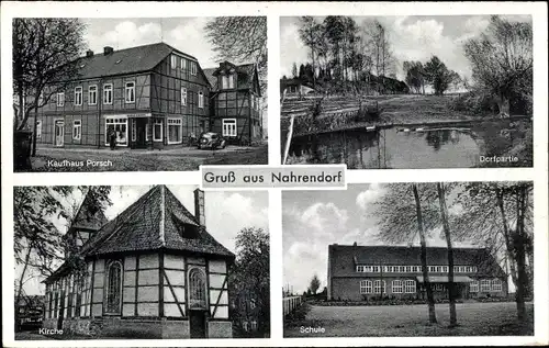 Ak Nahrendorf in der Lüneburger Heide, Kaufhaus Porsch, Schule, Kirche, Dorfpartie