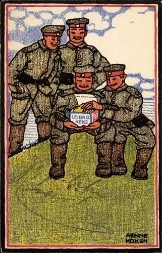 Künstler Ak Koken, Aenne, Reklame, Leibniz Keks, deutsche Soldaten in Uniformen