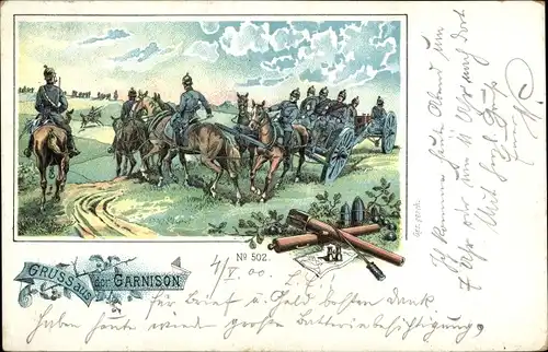 Litho Gruß aus der Garnison, Soldatentransport, Pferdekolonne
