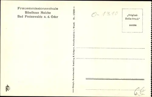 Ak Bad Freienwalde an der Oder, Frauenmissionsschule, Bibelhaus Malche, Balkon und Garten