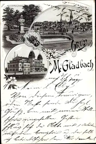 Litho  Mönchengladbach am Niederrhein, Kaiser Wilhelm Denkmal, Kaiserbad, Panorama