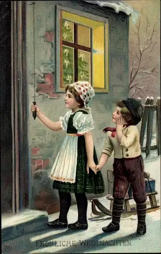Litho Glückwunsch Weihnachten, Junge und Mädchen mit Schlitten, Haustür