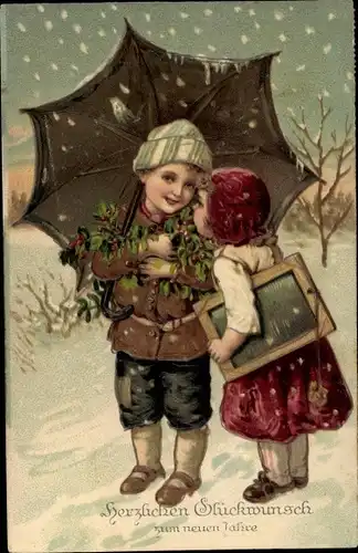 Präge Litho Glückwunsch Neujahr, Junge mit Stechpalmenzweigen, Mädchen mit Schultafel