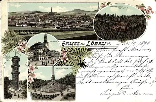 Litho Löbau in Sachsen, Panorama, Rathaus, König Friedrich August Turm, Siegesdenkmal