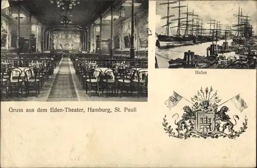 Ak Hamburg Mitte St. Pauli, Eden Theater, Innenansicht, Hafen, Stadtwappen