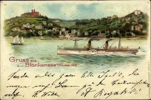 Litho Hamburg Altona Blankenese, Süllberg, Salondampfer auf der Elbe, Villenviertel, Segelboot