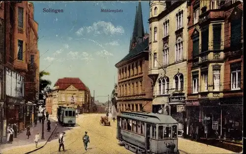 Ak Solingen in Nordrhein Westfalen, Mühlenplatz, Straßenbahn, Konditorei