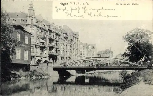 Ak Hagen in Westfalen, Partie an der Volme, Brücke
