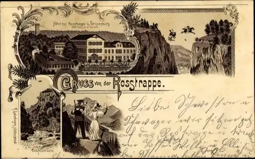 Litho Thale im Harz, Hotel zur Roßtrappe, Winzenburg, Teufelsbrücke, Wanderer, Sprungsage