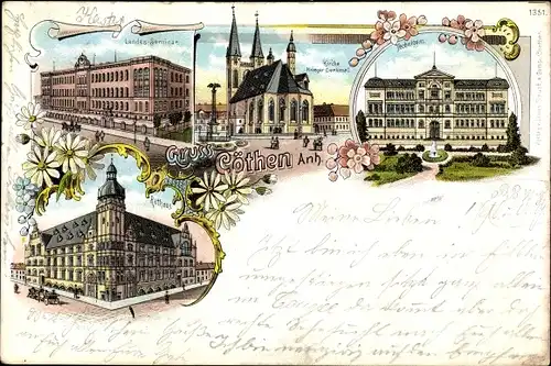 Litho Köthen in Anhalt, Landesseminar, Kirche, Kriegerdenkmal, Rathaus, Technikum