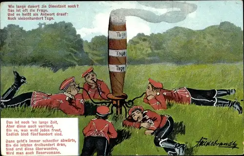 Künstler Ak Hildebrandt, Soldaten rauchen riesige Zigarre, warten auf Ende der Dienstzeit