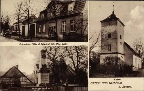 Ak Glienick Zossen in Brandenburg, Kirche, Kriegerdenkmal, Kolonialwarenhandlung und Bäckerei