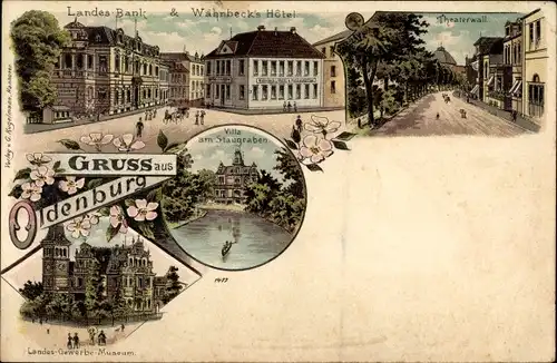 Litho Oldenburg im Großherzogtum Oldenburg, Villa am Staugraben, Theaterwall, Wahnbecks Hotel