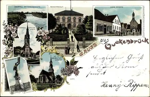 Litho Quakenbrück in Niedersachsen, St. Sylvester Kirche, Marienkirche, Siegesdenkmal, Schützenhof