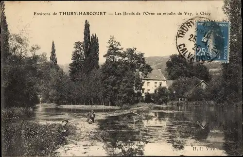 Ak Thury Harcourt Calvados, Les Bords de l'Orne au moulin du Vey, a Clecy