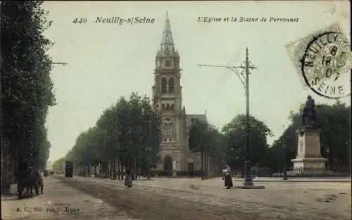 Ak Neuilly sur Seine Hauts de Seine, Eglise, Statue de Perronnet