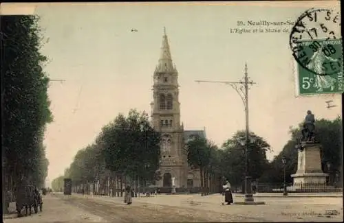 Ak Neuilly sur Seine Hauts de Seine, L'Eglise et la Statue