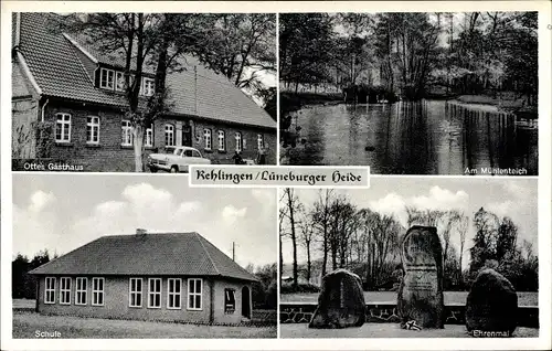 Ak Rehlingen Niedersachsen, Schule, Am Mühlenteich, Ehrenmal, Ottes Gasthaus