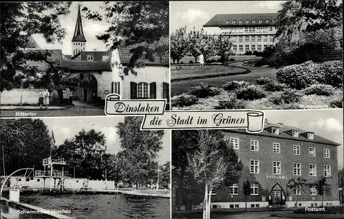 Ak Dinslaken am Niederrhein, Postamt, Rittertor, Schwimmbad Hiesfeld, Gymnasium