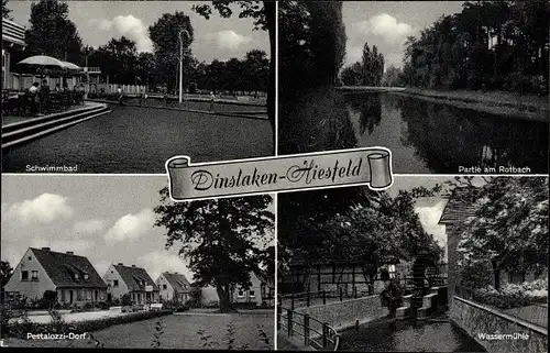 Ak Hiesfeld Dinslaken am Niederrhein, Schwimmbad, Wassermühle, Pestalozzi Dorf, Rotbach