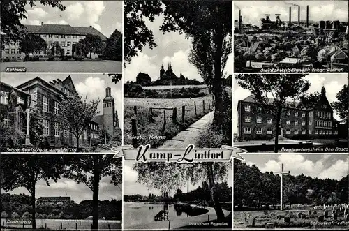 Ak Kamp Lintfort, Rathaus, Dachsberg, Strandbad Pappelsee, Soldatenfriedhof, Kloster Kamp, Zeche
