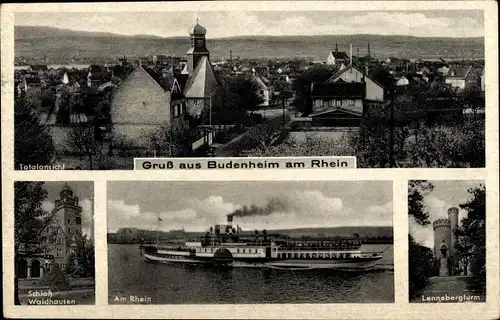 Ak Budenheim in Rheinland Pfalz, Totale, Schloss Waldhausen, Lennebergturm, Dampferpartie