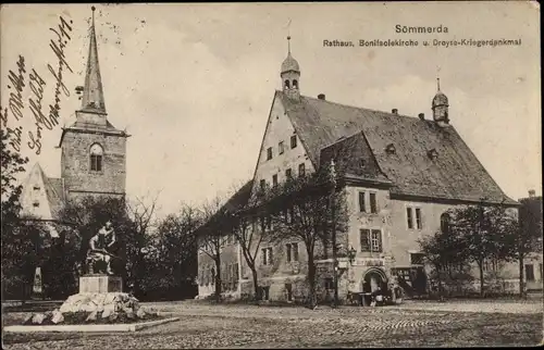 Ak Sömmerda in Thüringen, Rathaus, Bonifaziuskirche, Dreyse Kriegerdenkmal