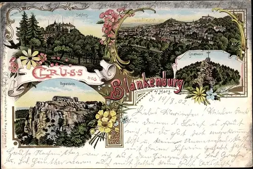 Litho Blankenburg am Harz, Regenstein, Schloss, Blick auf den Ort
